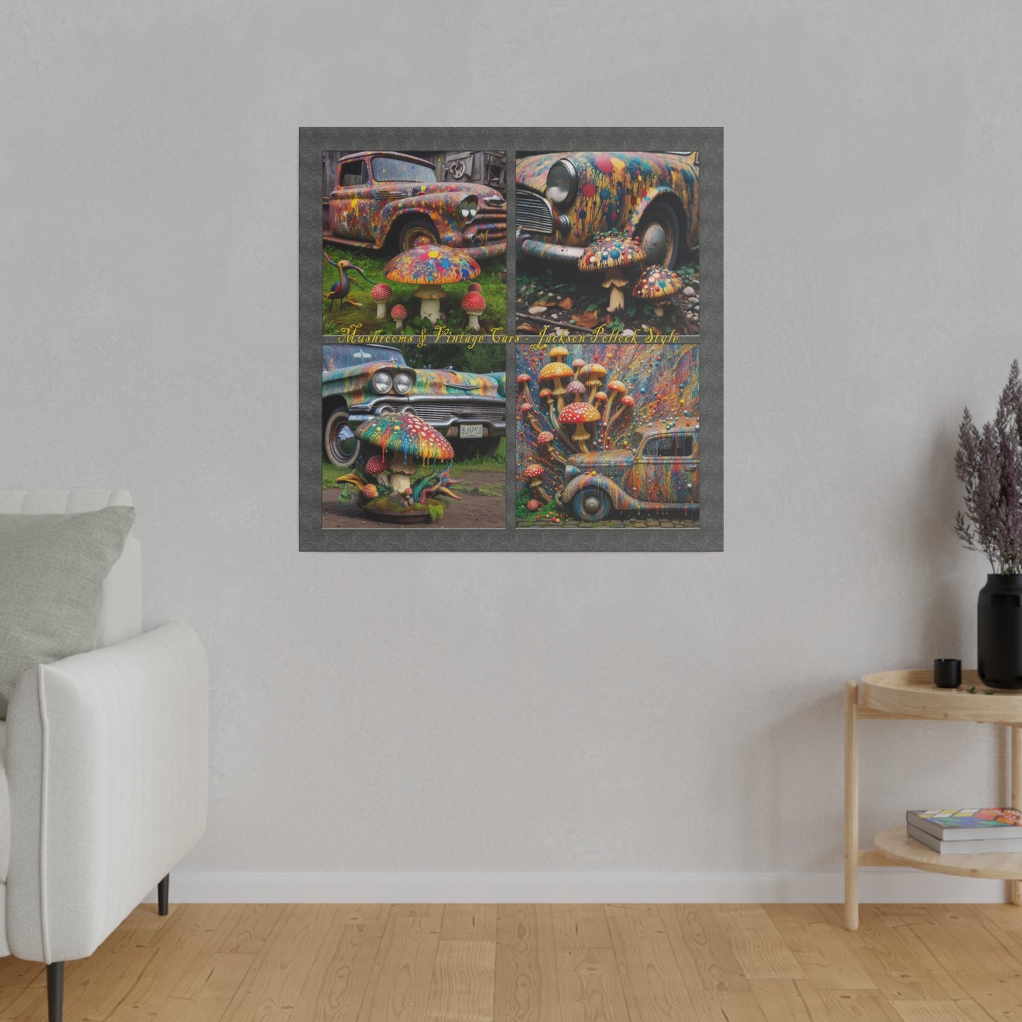 “Mushrooms and Vintage Cars – Jackson Pollock Style” Square Canvas Wall Art, Stretched, 0.75"