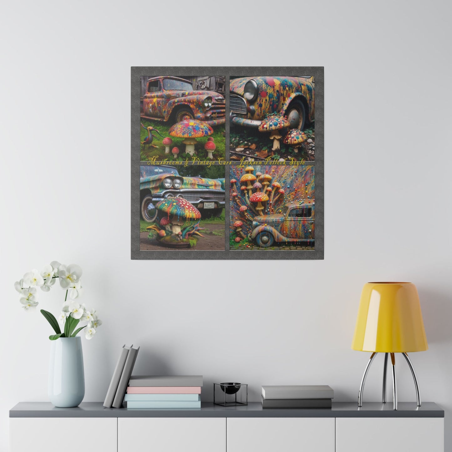 “Mushrooms and Vintage Cars – Jackson Pollock Style” Square Canvas Wall Art, Stretched, 0.75"