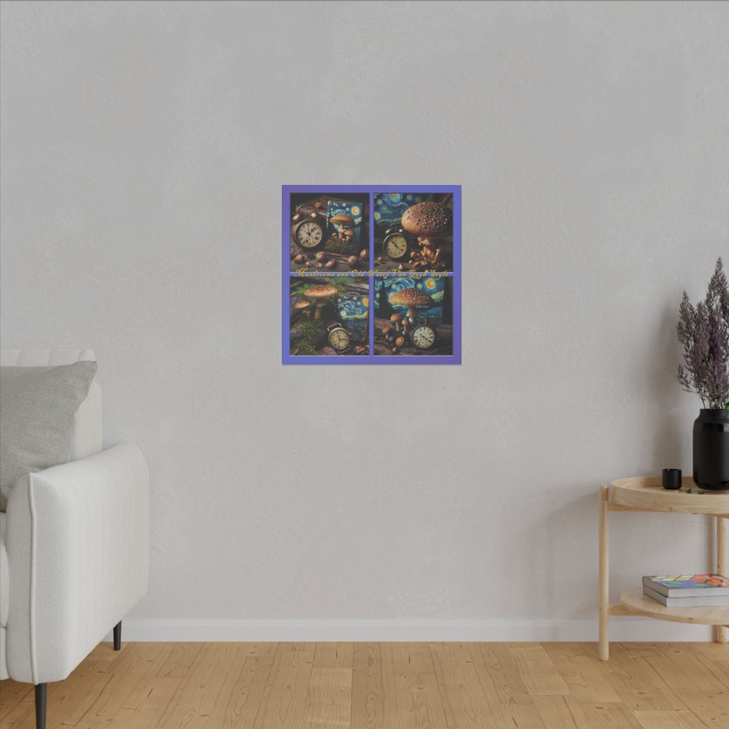 “Mushrooms and Old Watch Van Gogh Style” Square Canvas Wall Art - Multiple Sizes, Stretched, 0.75"