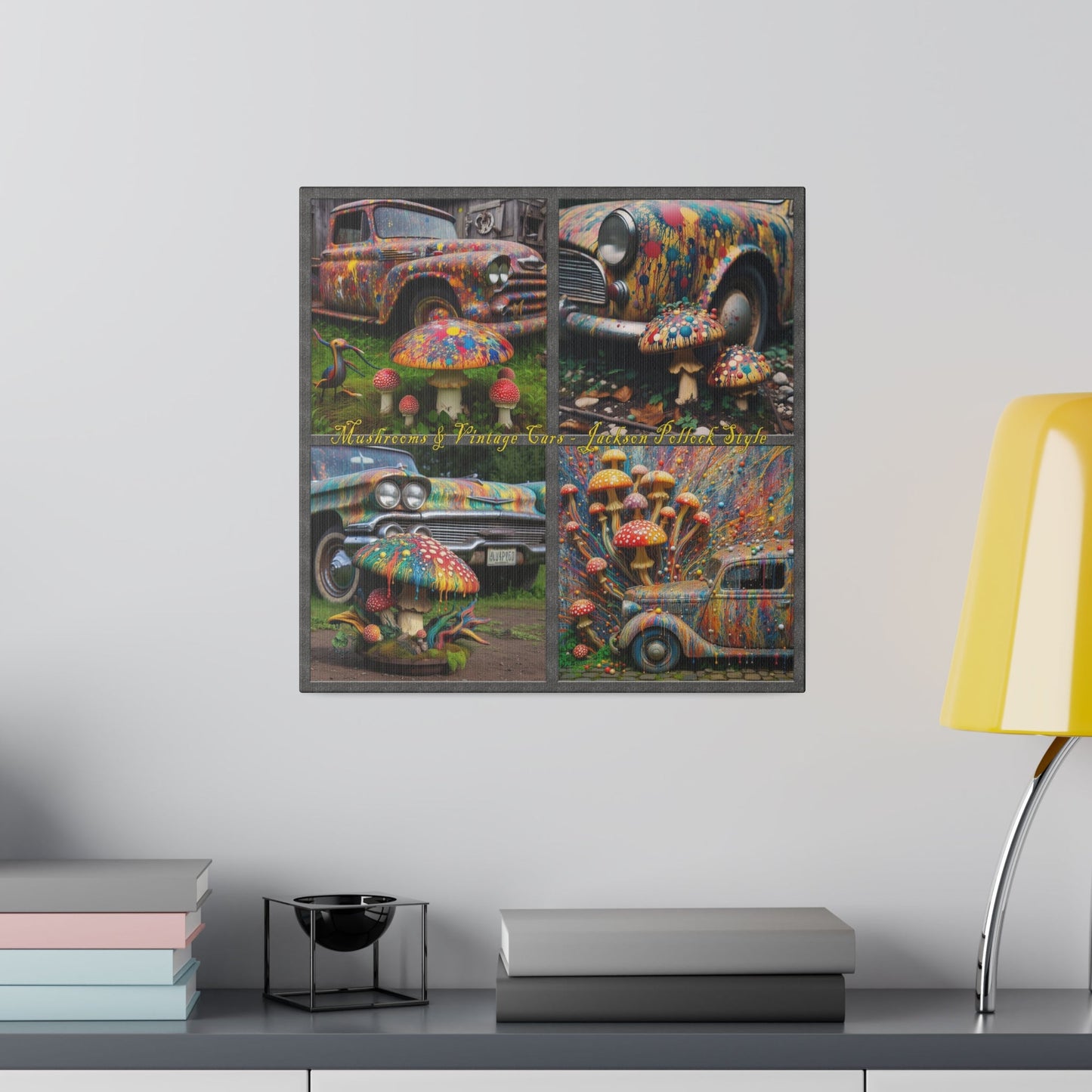 “Mushrooms and Vintage Cars – Jackson Pollock Style” Square Canvas Wall Art, Stretched, 0.75"