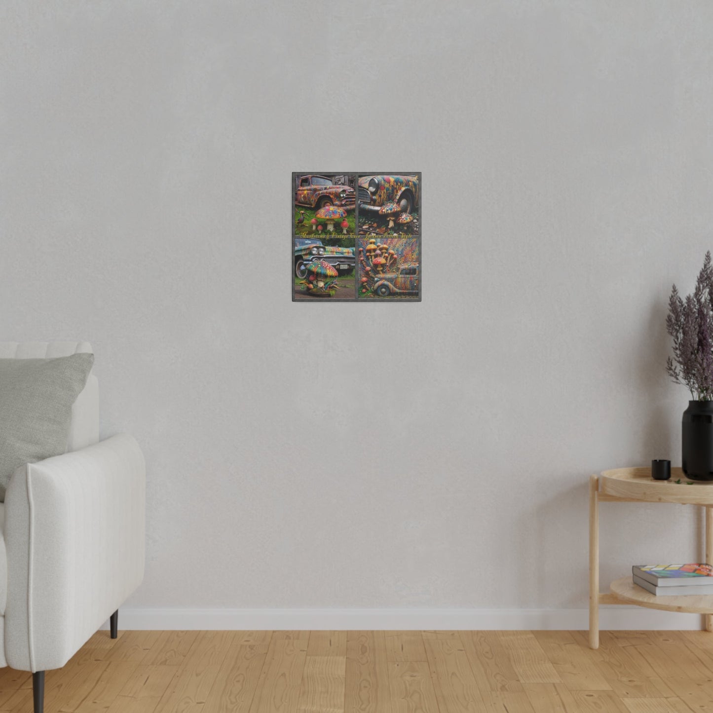 “Mushrooms and Vintage Cars – Jackson Pollock Style” Square Canvas Wall Art, Stretched, 0.75"