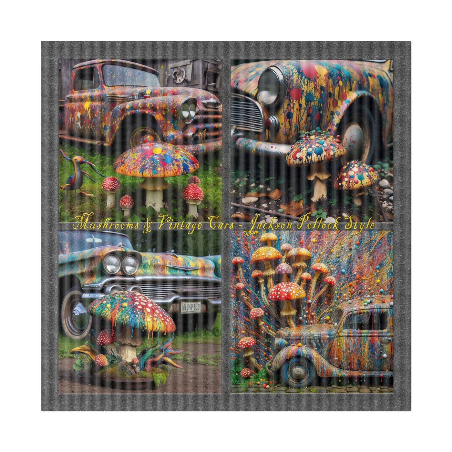 “Mushrooms and Vintage Cars – Jackson Pollock Style” Square Canvas Wall Art, Stretched, 0.75"