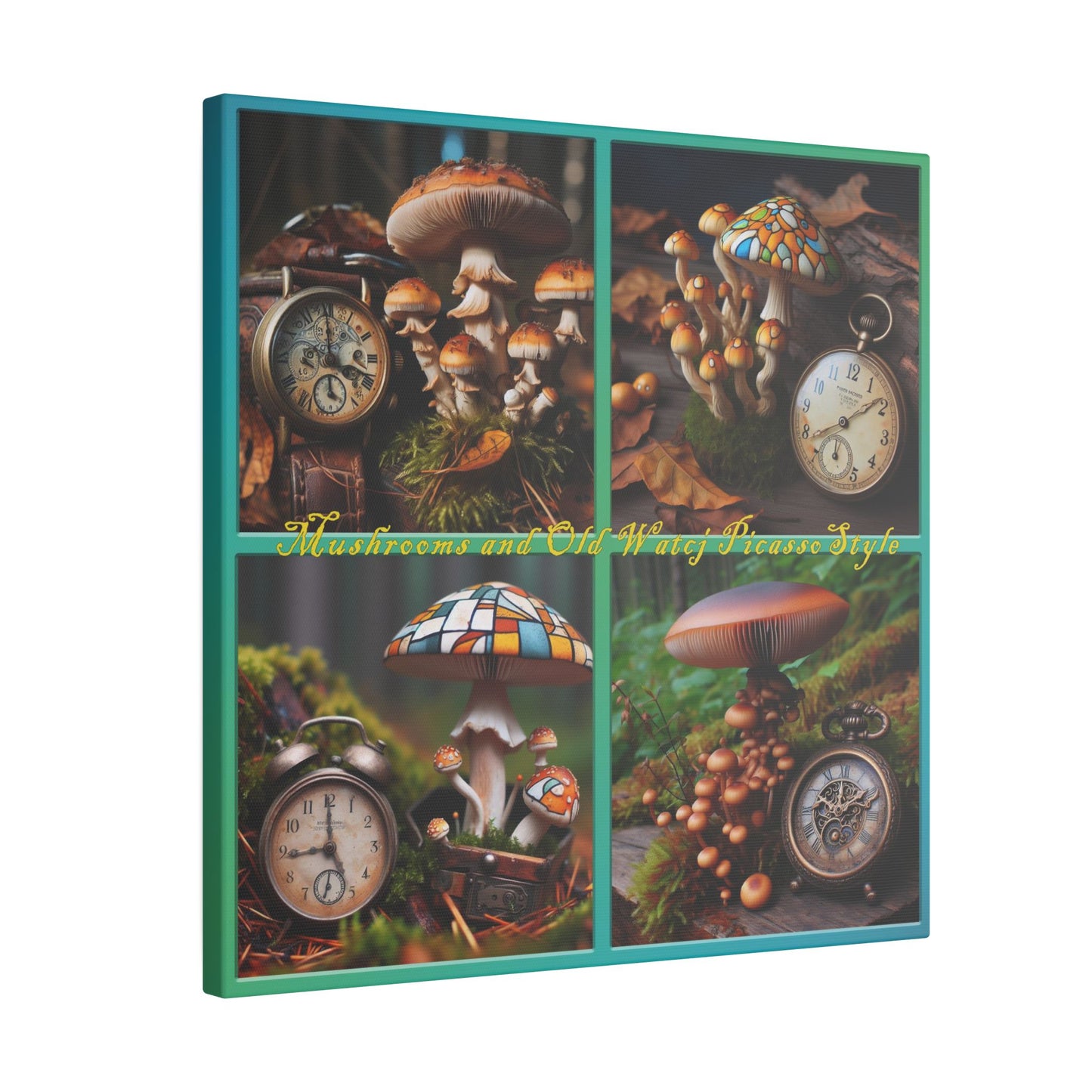 “Mushrooms and Old Watch Picasso Style” Square Canvas Wall Art - Multiple Sizes, Stretched, 0.75"