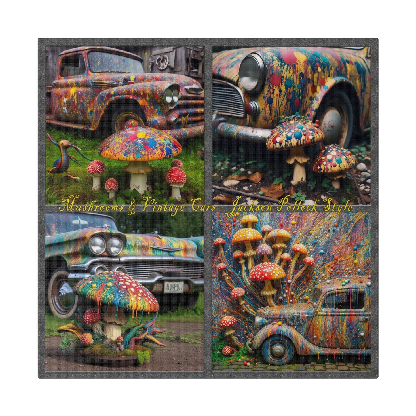 “Mushrooms and Vintage Cars – Jackson Pollock Style” Square Canvas Wall Art, Stretched, 0.75"