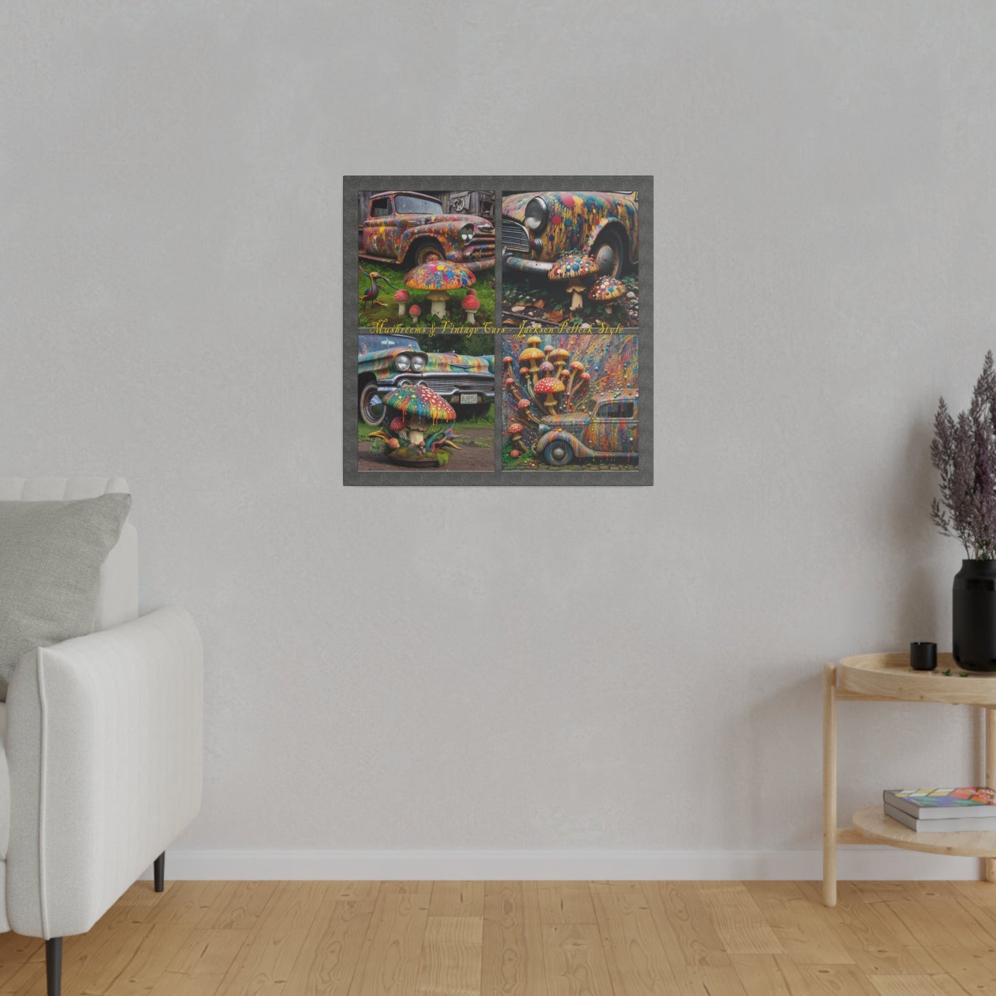“Mushrooms and Vintage Cars – Jackson Pollock Style” Square Canvas Wall Art, Stretched, 0.75"