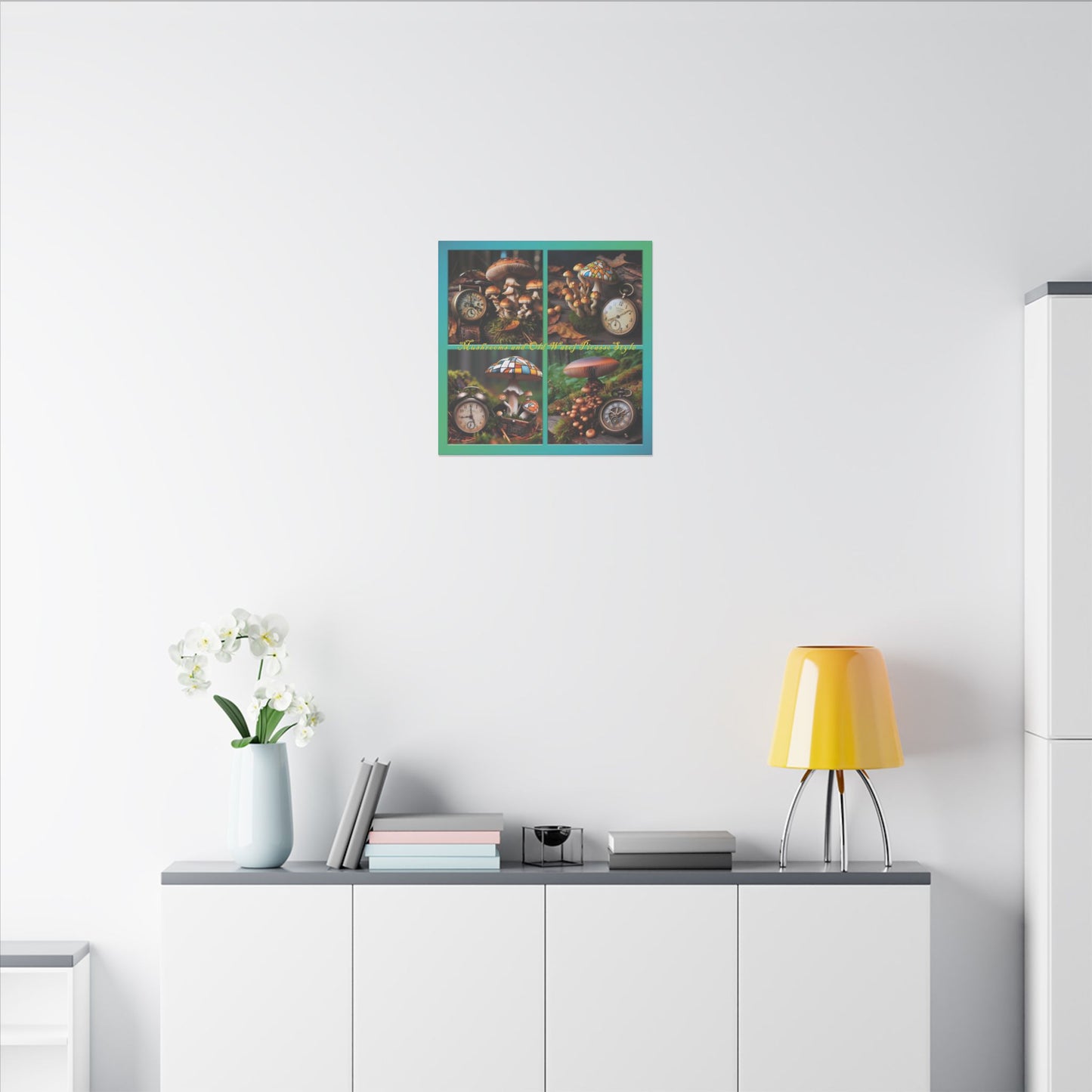 “Mushrooms and Old Watch Picasso Style” Square Canvas Wall Art - Multiple Sizes, Stretched, 0.75"