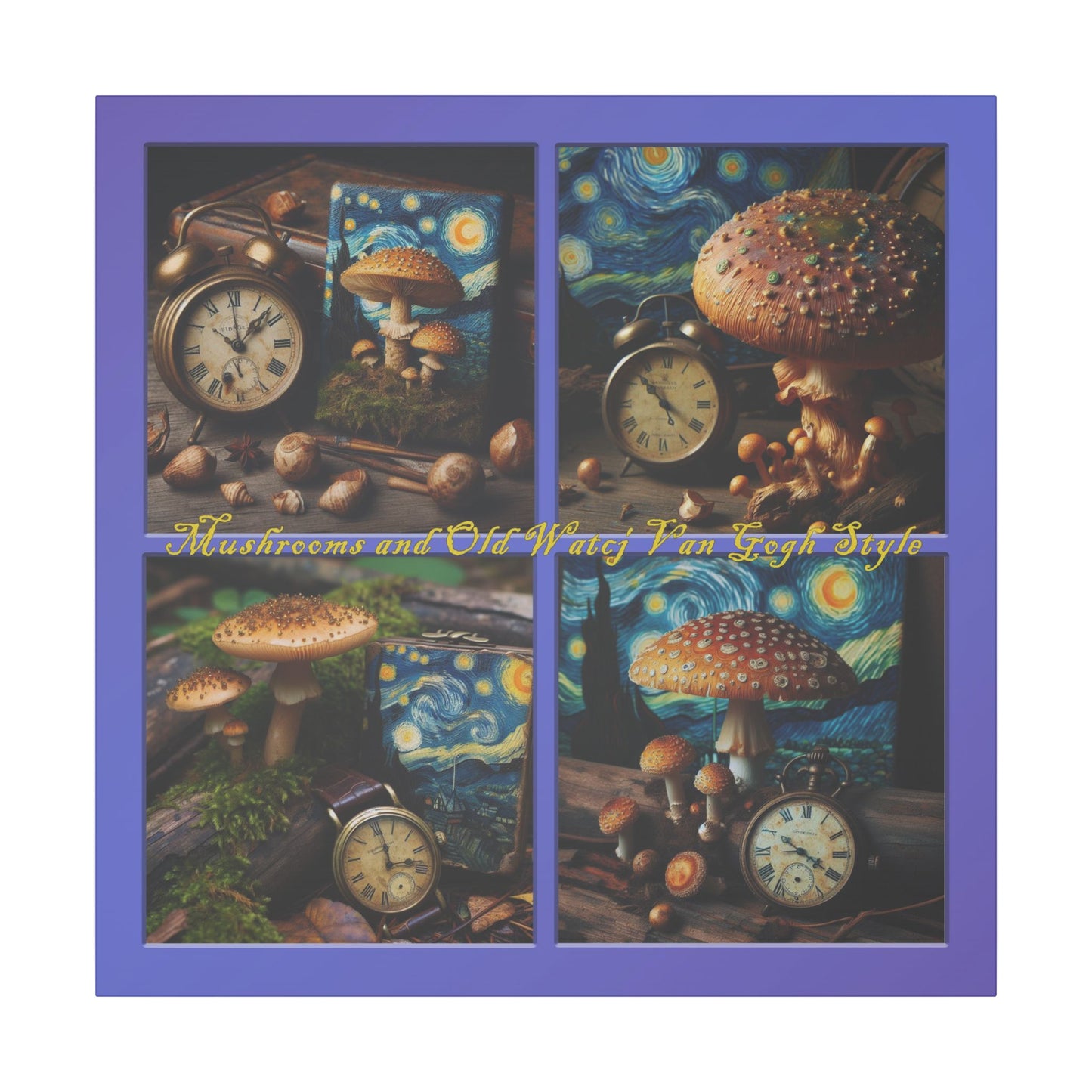 “Mushrooms and Old Watch Van Gogh Style” Square Canvas Wall Art - Multiple Sizes, Stretched, 0.75"