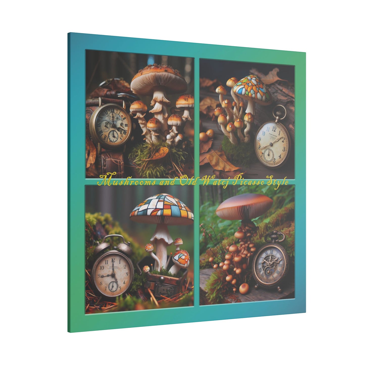 “Mushrooms and Old Watch Picasso Style” Square Canvas Wall Art - Multiple Sizes, Stretched, 0.75"