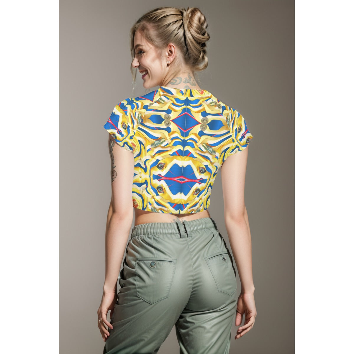 "Experimental Gold on Blue" Women's Raglan Cropped T-shirt