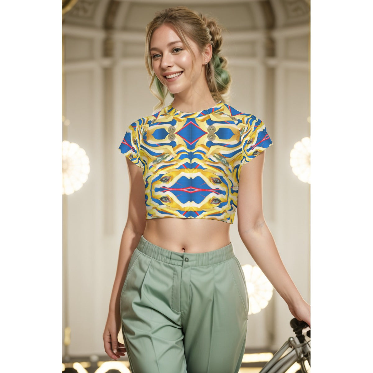 "Experimental Gold on Blue" Women's Raglan Cropped T-shirt