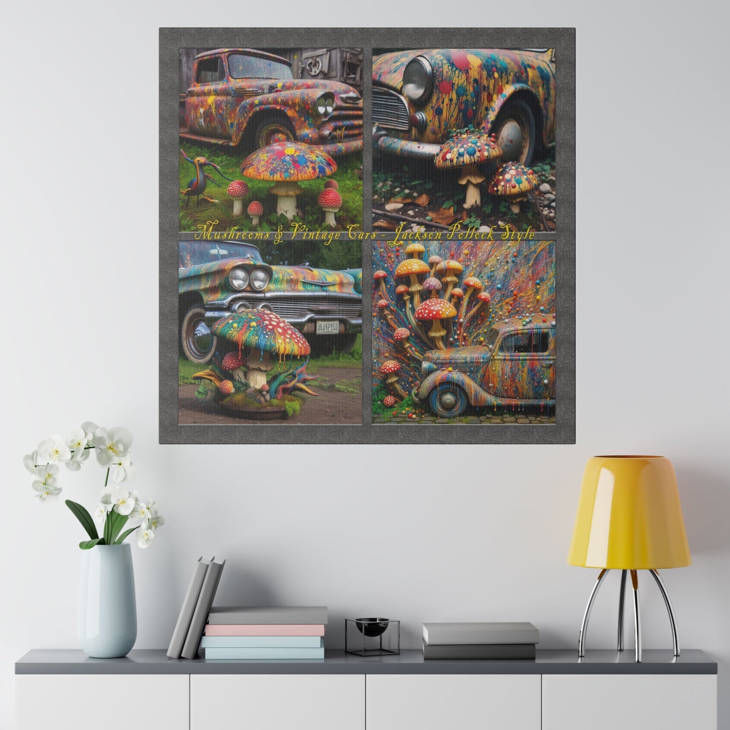 “Mushrooms and Vintage Cars – Jackson Pollock Style” Square Canvas Wall Art, Stretched, 0.75"