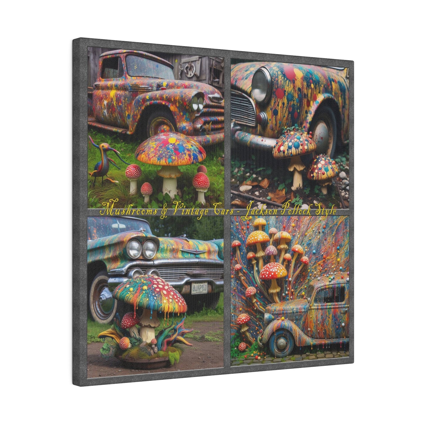 “Mushrooms and Vintage Cars – Jackson Pollock Style” Square Canvas Wall Art, Stretched, 0.75"