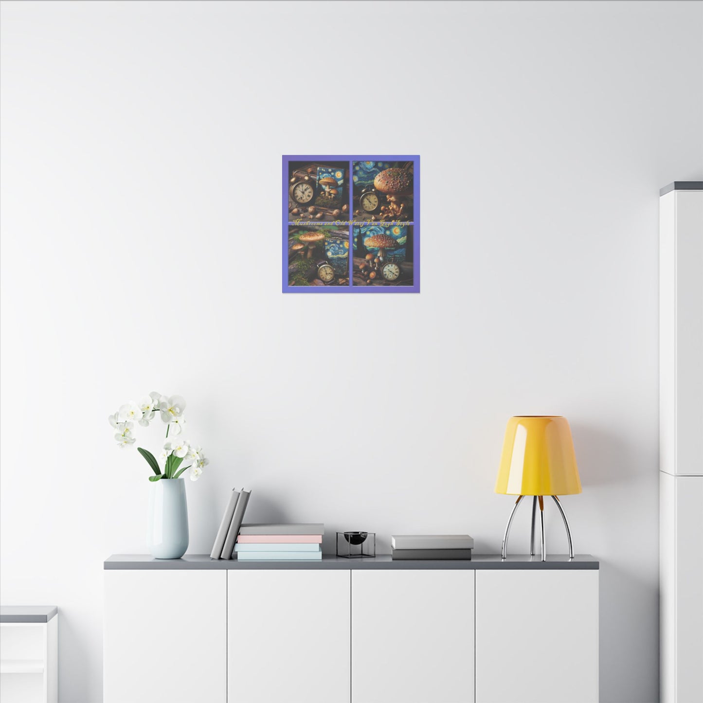 “Mushrooms and Old Watch Van Gogh Style” Square Canvas Wall Art - Multiple Sizes, Stretched, 0.75"