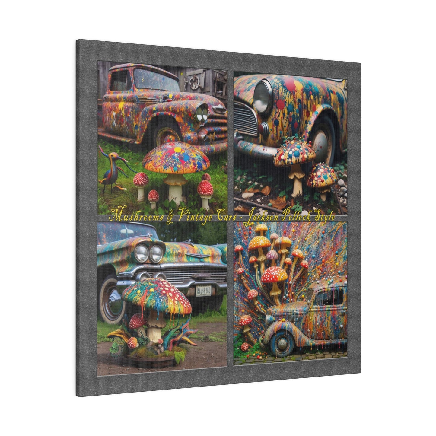 “Mushrooms and Vintage Cars – Jackson Pollock Style” Square Canvas Wall Art, Stretched, 0.75"