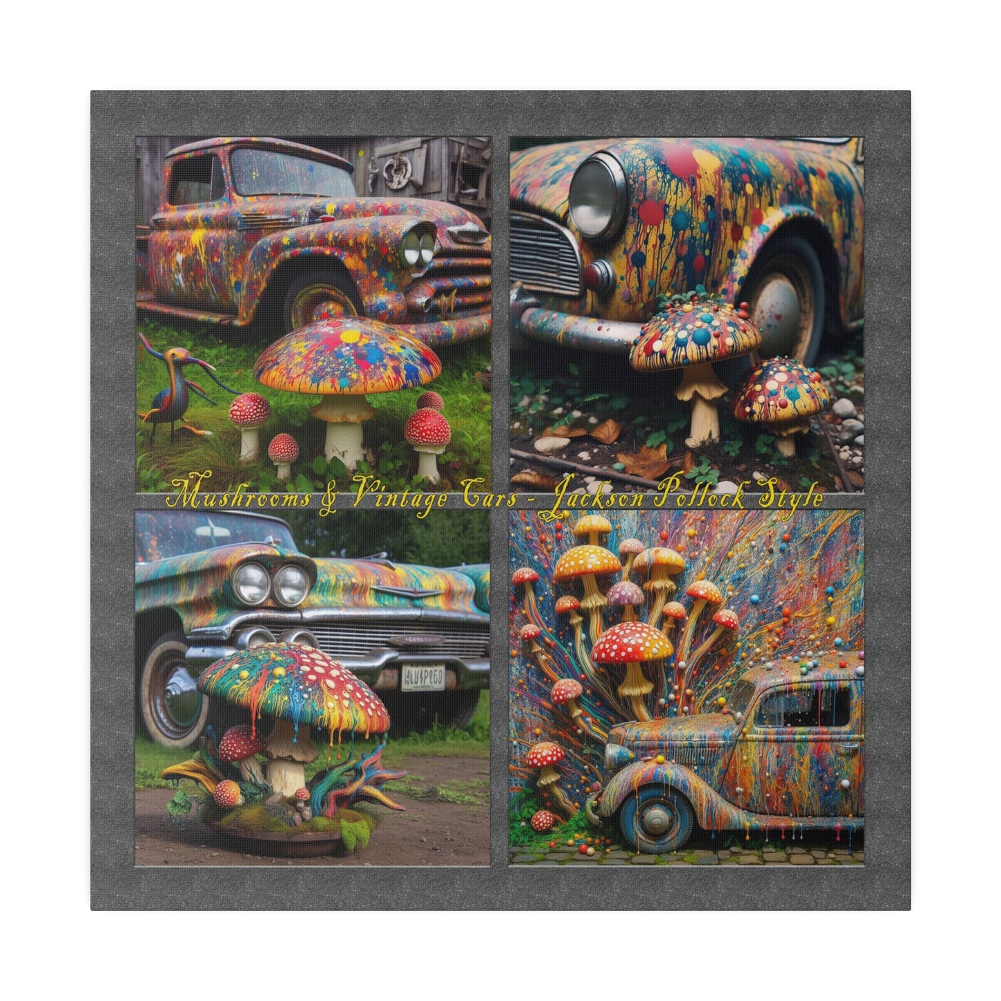 “Mushrooms and Vintage Cars – Jackson Pollock Style” Square Canvas Wall Art, Stretched, 0.75"