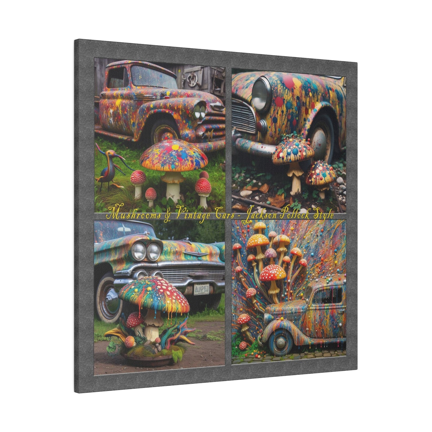 “Mushrooms and Vintage Cars – Jackson Pollock Style” Square Canvas Wall Art, Stretched, 0.75"